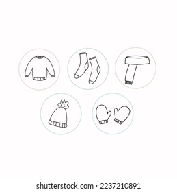 outwear winter clothing items, outlined blank isolated doodle hand drawn icon set winter clothes, vector illustration collection, scarf hat socks sweater gloves mitten, graphic simple line art kids