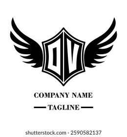 OV bold shield logo with wings, customizable with letters A to Z. Perfect for brands seeking a powerful symbol of strength, freedom, and ambition
