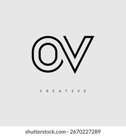 Logotipo de letra creativa OV: monograma de línea mínima en negro para un diseño de identidad de marca moderno.