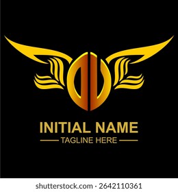 OV Golden Wing Emblem Logo with elegant gold wings, sleek and modern design. Ideal for branding, creative projects, luxury businesses, or artistic ventures.