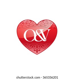 O&V initial letter logo with ornament heart shape