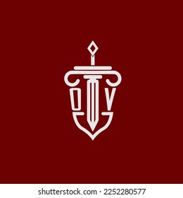 OV initial logo monogram design for legal lawyer vector image with sword and shield
