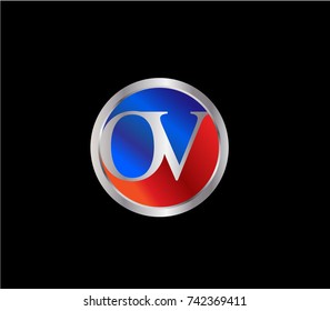 OV Letter logo Design in a circle. Blue Red and silver colored
