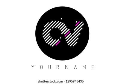 OV Letter Logo Design with White Lines and Black Circle Vector Illustration