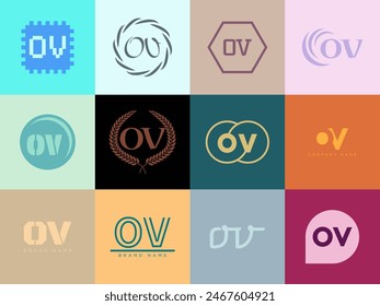 OV logo company template. Letter o and v logotype. Set different classic serif lettering and modern bold text with design elements. Initial font typography. Collection trendy business identity.