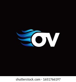OV monogram logo with blue fire style design template