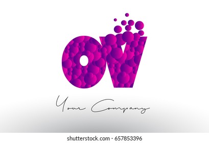 OV O V Dots Letter Logo with Purple Pink Magenta Bubbles Texture Vector.