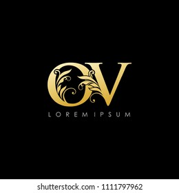 OV O V Gold Letter Logo With Luxury Floral Design