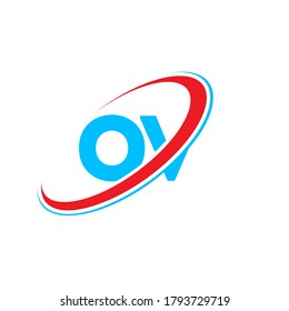 OV O V letter logo design. Initial letter OV linked circle uppercase monogram logo red and blue. OV logo, O V design. ov, o v