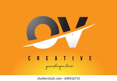 OV O V Letter Modern Logo Design with Swoosh Cutting the Middle Letters and Yellow Background.