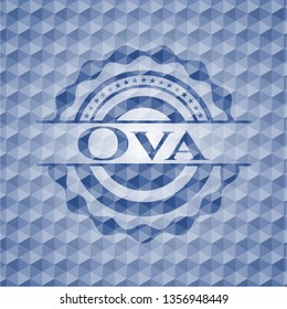 Ova blue badge with geometric background.