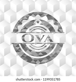 Ova grey emblem with geometric cube white background