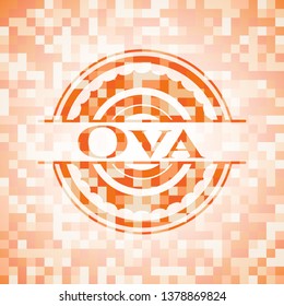 Ova orange tile background illustration. Square geometric mosaic seamless pattern with emblem inside.