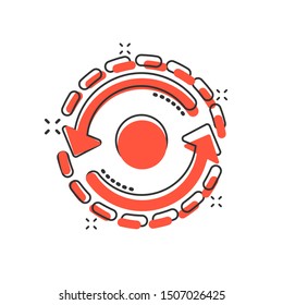 Oval with arrows icon in comic style. Consistency repeat vector cartoon illustration on white isolated background. Reload rotation business concept splash effect.