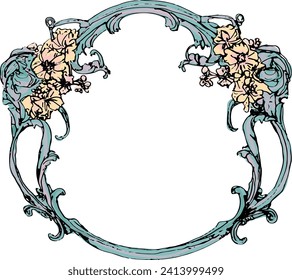 Oval, art nouveau or baroque style floral frame with yellow and pink daisy flowers