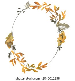 Marco otoñal oval con ramas de sauce, hojas de roble y siluetas de pasto. Es bueno para la invitación a la boda, tarjetas de felicitación y mucho más. Ilustración vectorial de otoño.