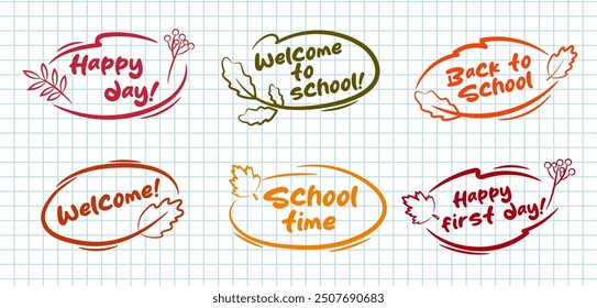 Oval autumn school stroke frame with text and leaves. Set of ink autumn color sketch doodle design elements. Back to school quotes. Borders for text decoration on cage notebook background.