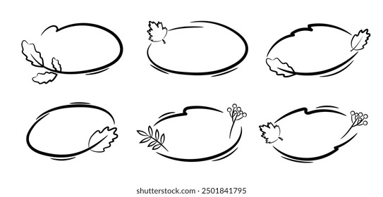 Oval autumn stroke frames with leaves. Set of black sketch doodle design elements. Borders for text decoration on a white background.