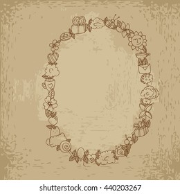 Oval baby frame with flowers and presents. Photo invitation card. Hand drawn vector stock illustration. Vintage grunge drawing