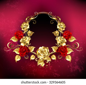 Oval banner with frame decorated with gold and red roses on dark background.