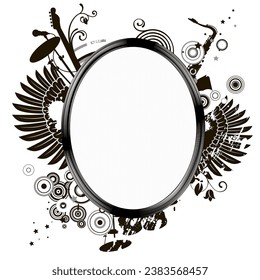 Oval banner on a musical theme. Abstract frame with old microphone, saxophone and musical instruments. Vintage stylized drawing. Vector illustration