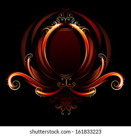 Oval banner of red flames, decorated with fiery patterns on black background.