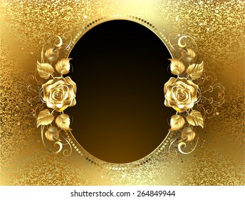 Oval banner with two golden roses on background of gold brocade.