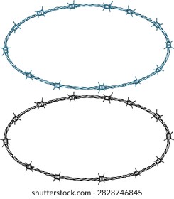 Oval Barbed Wire Decorative Border Frames, Vintage Western Rustic Blue and Black Line Art Vector Illustration