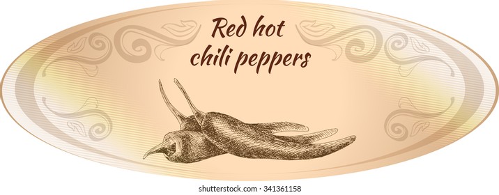 Oval beige label. Hand Drawn red hot chili peppers. Monochrome sketch.