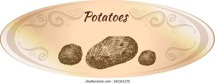 Oval beige label. Hand Drawn potatoes. Monochrome sketch.