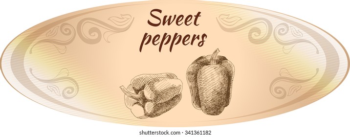 Oval beige label. Hand Drawn sweet pepper. Monochrome sketch.