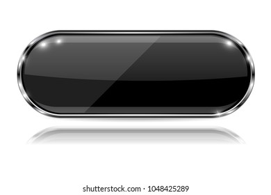 Oval black button. Glass 3d shiny icon with metal frame. With reflection. Vector illustration