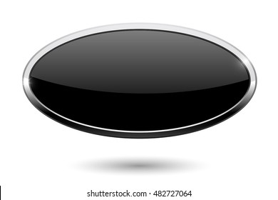 Oval black button. Web icon with chrome frame. Vector illustration isolated on white background