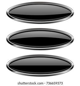 Oval black buttons with bold chrome frame. 3d shiny icons. Vector illustration isolated on white background
