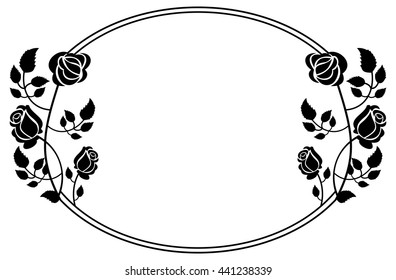 Oval black and white frame with roses silhouettes. Vector clip art.