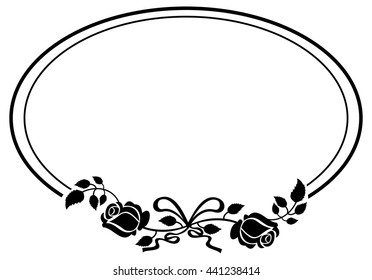 Oval black and white frame with roses silhouettes. Vector clip art.