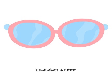 Oval blue eyeglasses with pink frames. Cartoon vintage eye wear. Summer beach glasses.