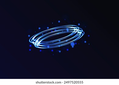 Oval blue light, shiny circle with glitter effect. A trail of a glowing magic ring on a dark background. Bokeh sparkles with a round elliptical line.