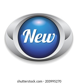 Oval blue new button with metallic border on white background