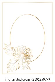 Der ovale Rahmen ist mit einer Chrysanthemum-Blume geschmückt. Hell leuchtende goldene Farbverlauf-Farbe auf weißem Hintergrund. Vectordesign-Element-Vorlage für Hochzeitseinladungen, Grußkarten.