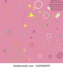 Oval Bright Ring Zigzag Polygonal Simple Blue Illustration. Stars Purple Hearts Circle Orange Green Colorful Hipster Background. Pastel Sweet Wave Rectangle Red Yellow Violet Geometrical Design.