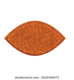 Oval brown leather label with stitching around the border showing a textured surface