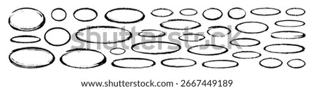 Oval brush stroke vector lines bg. Rough shape paint frames. Hand-drawn abstract border grunge hand circles. Marker sketch highlight scribble signs. Doodle chalk oval frames. Grungy ink illustration
