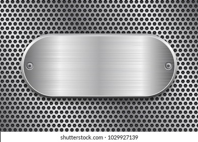 Oval brushed metal plate on perforated texture. Vector 3d illustration