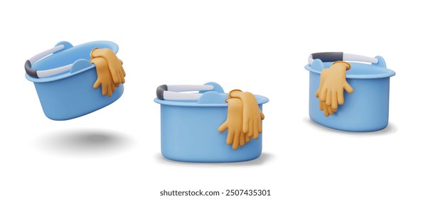 Oval bucket with rubber gloves. Items for cleaning. Professional cleaning