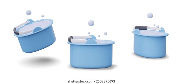 Oval bucket with soapy water, foam, bubbles. Accessory for wet cleaning