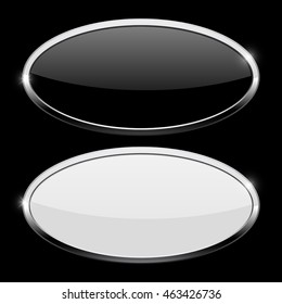 Oval button with chrome frame. Web icons on black background. Vector illustration