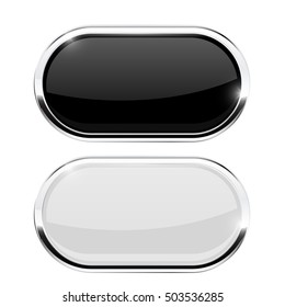 Oval buttons. Black and white web icons with chrome frame. Vector illustration isolated on white background