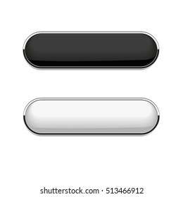 Oval buttons. Black and white web icons with chrome frame. Vector illustration isolated on white background