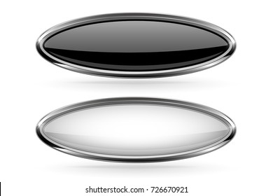 Oval buttons with bold chrome frame. 3d shiny icon. Vector illustration isolated on white background